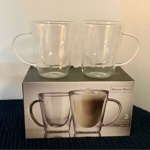 NEW Set 2 MAISON BLANC Glass Double Walled Coffee Mugs